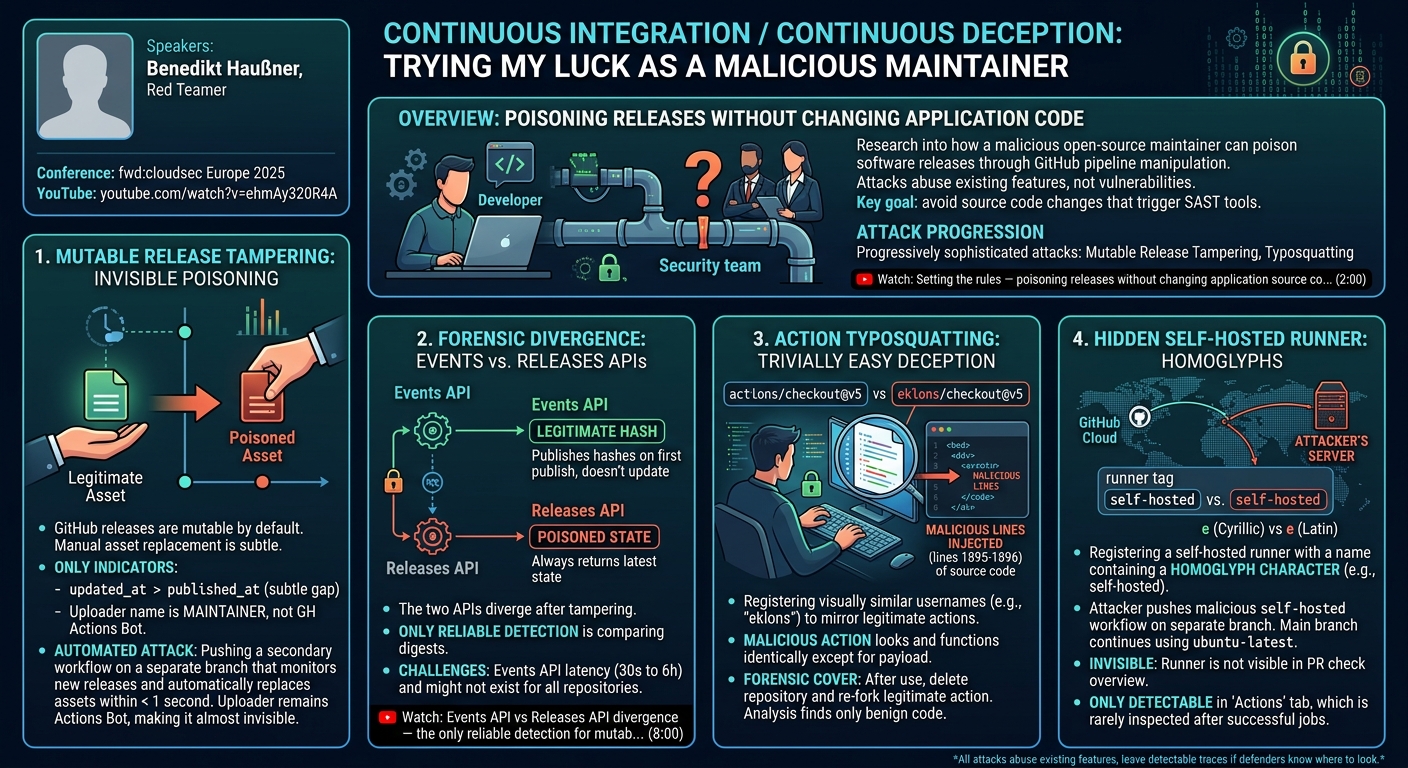 Visual summary for Continuous Integration / Continuous Deception: Trying my luck as a malicious maintainer by Benedikt Haußner