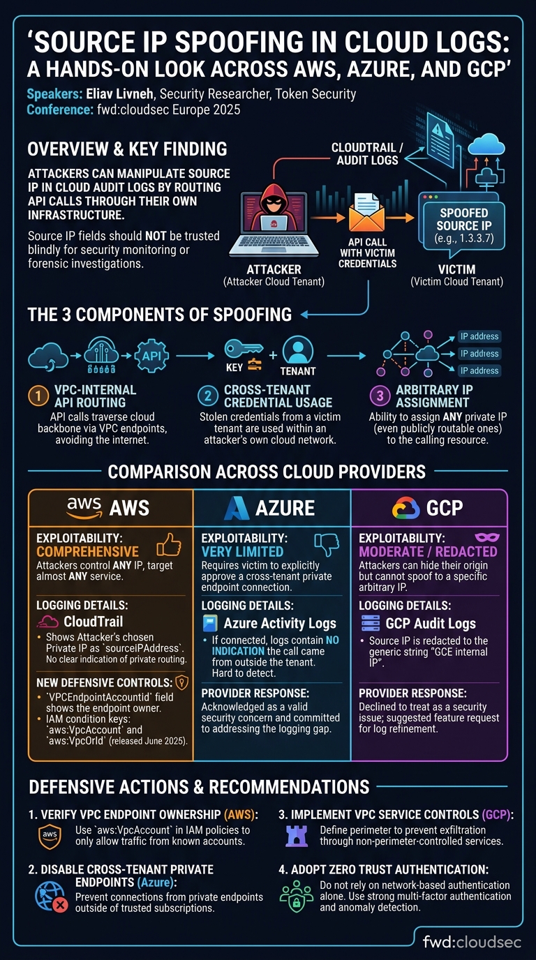 Visual summary for Source IP Spoofing in Cloud Logs: A Hands-On Look Across AWS, Azure, and GCP by Eliav Livneh