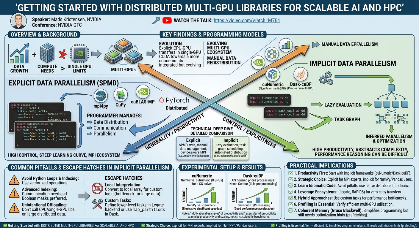 Visual summary for Getting Started with Distributed Multi-GPU Libraries for Scalable AI and HPC | NVIDIA GTC 2025 by Mads Kristensen