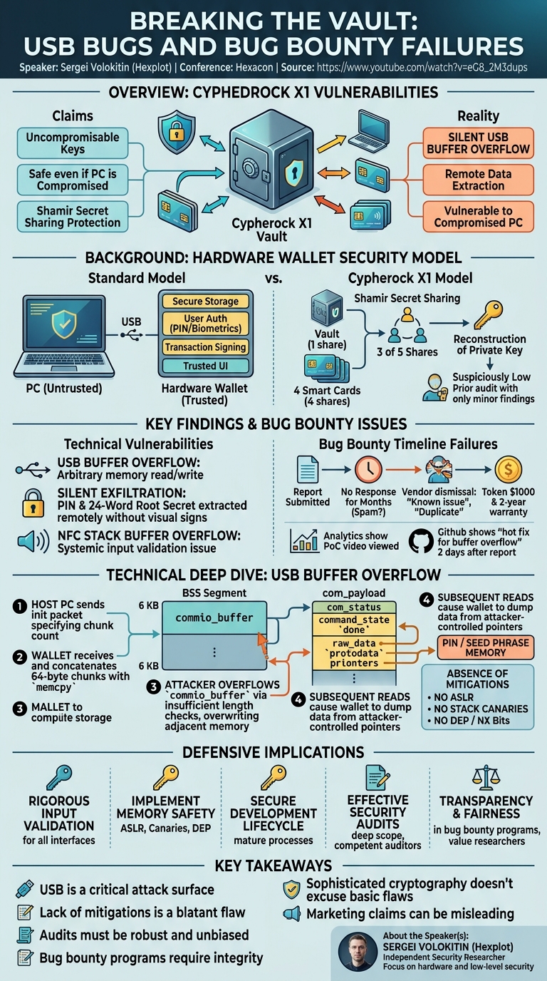 Visual summary for Breaking the Vault: USB Bugs and Bug Bounty Failures by Sergei Volokitin