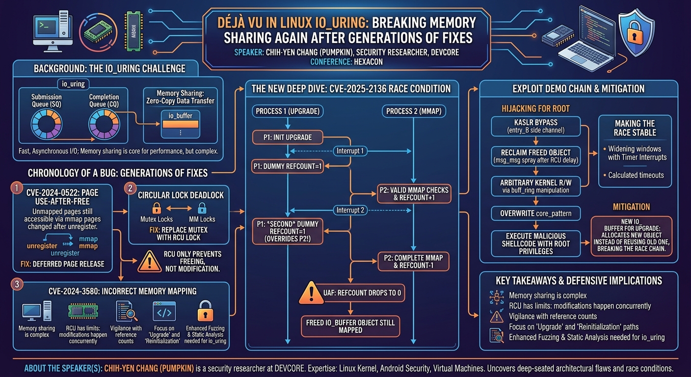 Visual summary for Déjà Vu in Linux io_uring: Breaking Memory Sharing Again After Generations of Fixes by Chih-Yen Chang