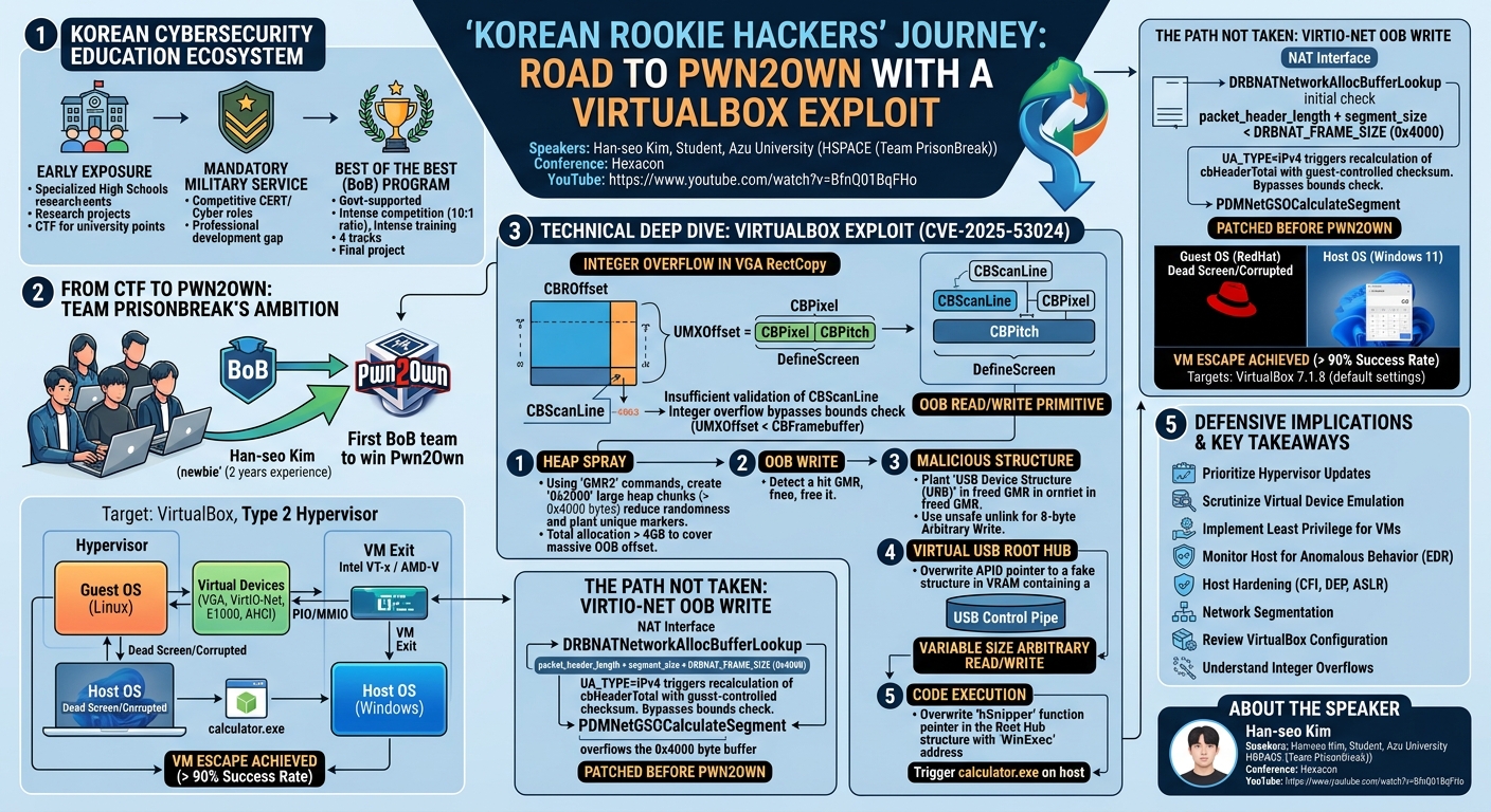 Visual summary for Korean Rookie Hackers' Journey: Road to Pwn2Own with a VirtualBox Exploit by Han-seo Kim