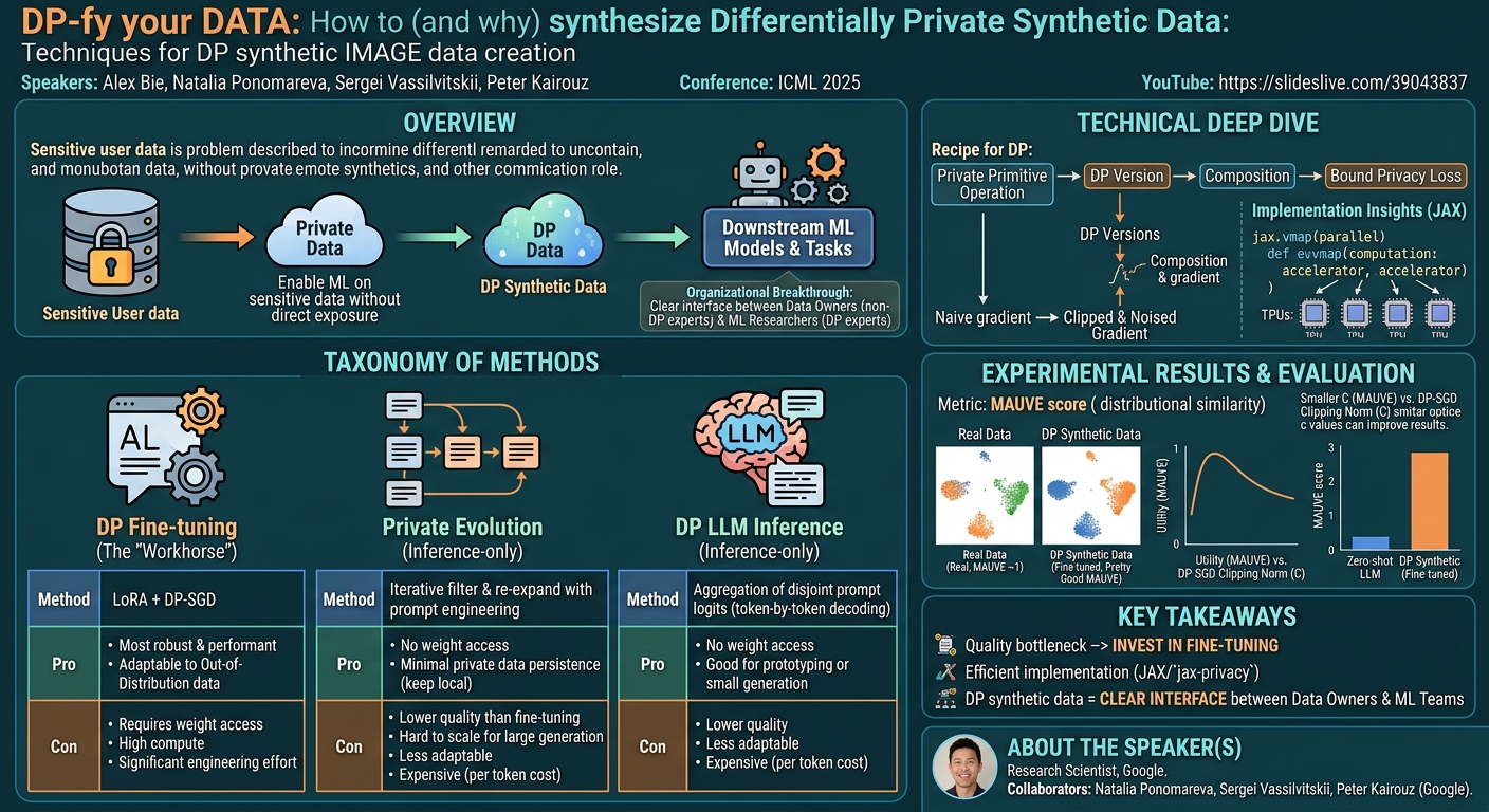 Visual summary for DP-fy your DATA: How to (and why) synthesize Differentially Private Synthetic Data: Techniques for DP synthetic IMAGE data creation by Natalia Ponomareva, Sergei Vassilvitskii, Peter Kairouz, Alex Bie