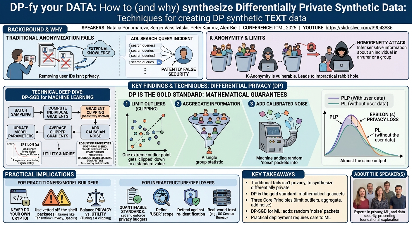 Visual summary for DP-fy your DATA: How to (and why) synthesize Differentially Private Synthetic Data: Techniques for creating DP synthetic TEXT data by Natalia Ponomareva, Sergei Vassilvitskii, Peter Kairouz, Alex Bie