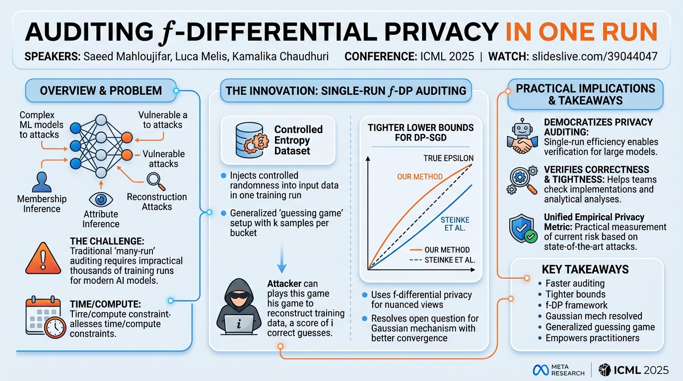 Visual summary for Auditing $f$-differential privacy in one run by Saeed Mahloujifar, Luca Melis, Kamalika Chaudhuri