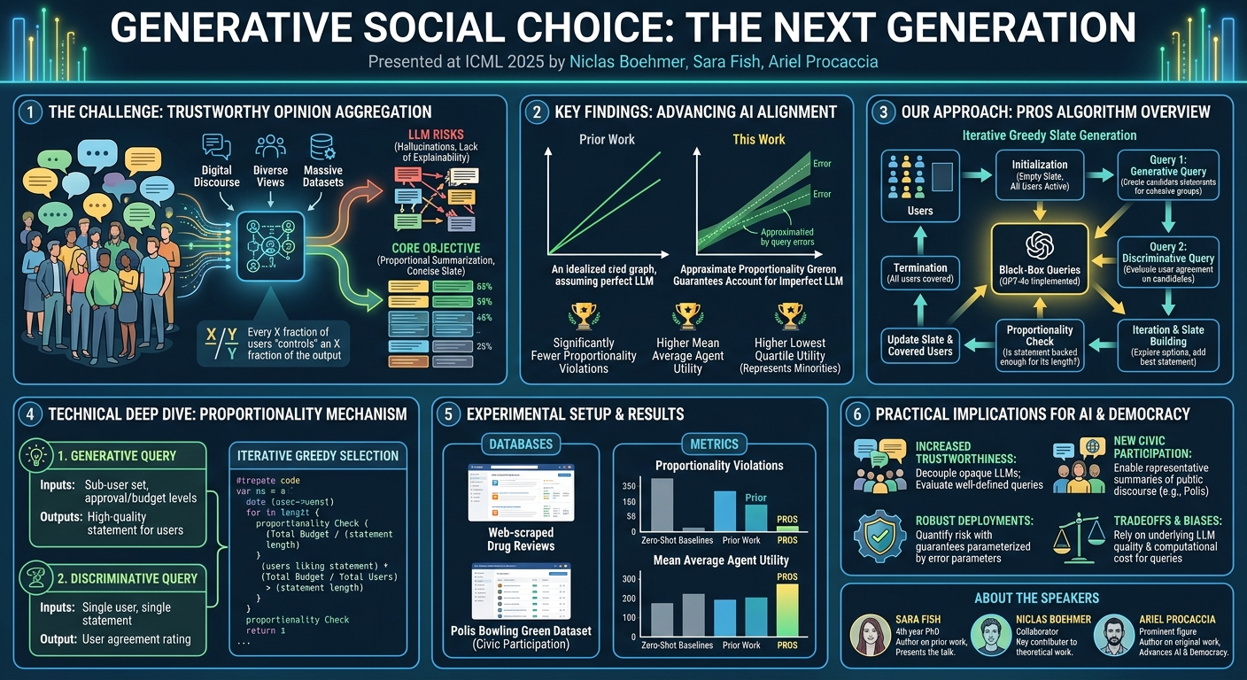 Visual summary for Generative Social Choice: The Next Generation by Niclas Boehmer, Sara Fish, Ariel Procaccia