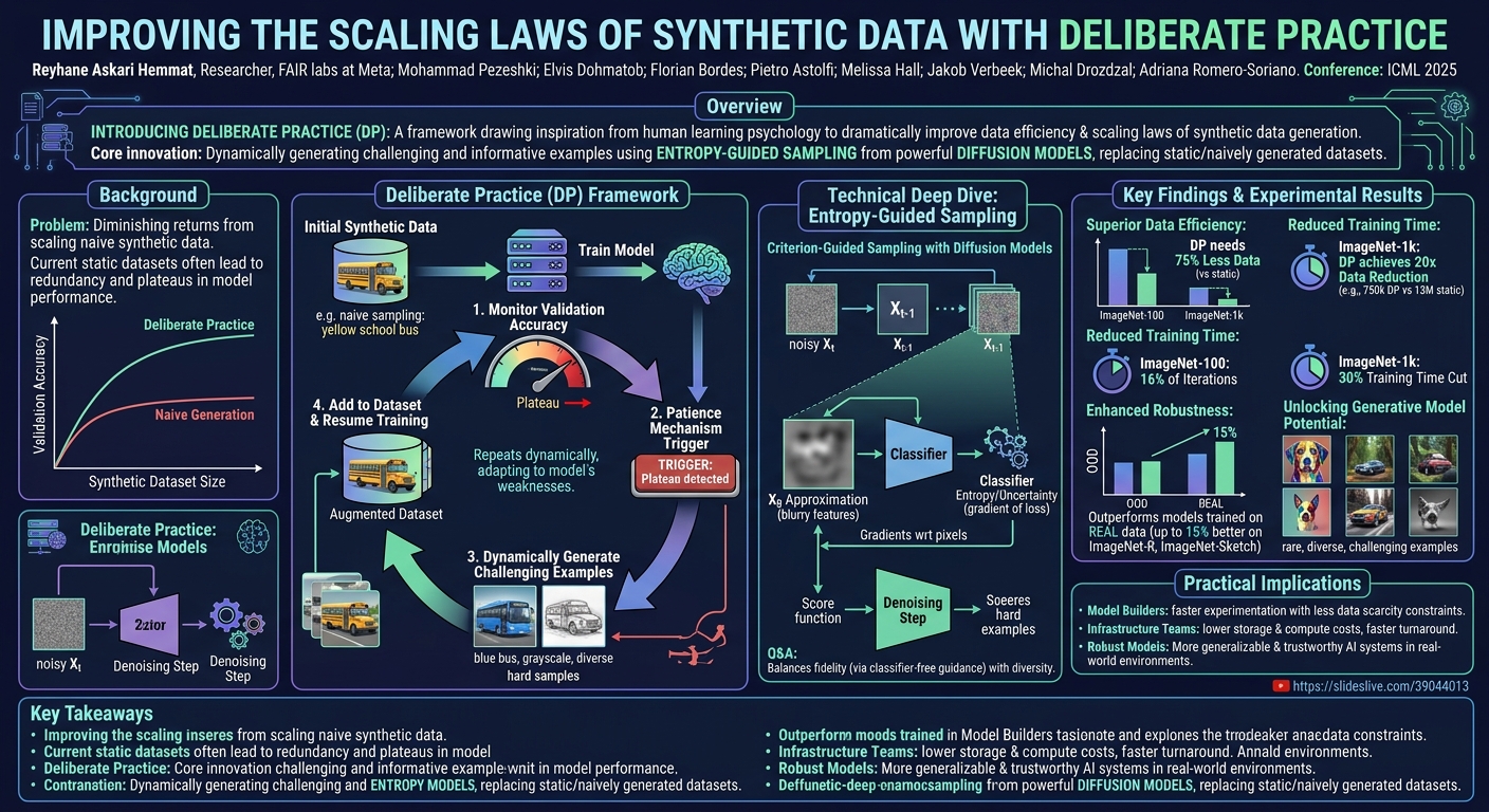Visual summary for Improving the Scaling Laws of Synthetic Data with Deliberate Practice by Reyhane Askari Hemmat, Mohammad Pezeshki, Elvis Dohmatob, Florian Bordes, Pietro Astolfi, Melissa Hall, Jakob Verbeek, Michal Drozdzal, Adriana Romero-Soriano