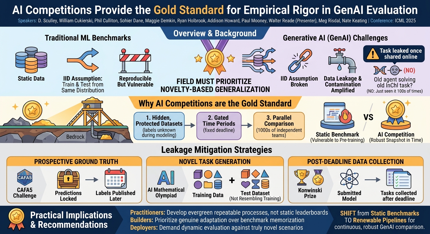 Visual summary for Position: AI Competitions Provide the Gold Standard for Empirical Rigor in GenAI Evaluation by D. Sculley, William Cukierski, Phil Culliton, Sohier Dane, Maggie Demkin, Ryan Holbrook, Addison Howard, Paul Mooney, Walter Reade, Meg Risdal, Nate Keating