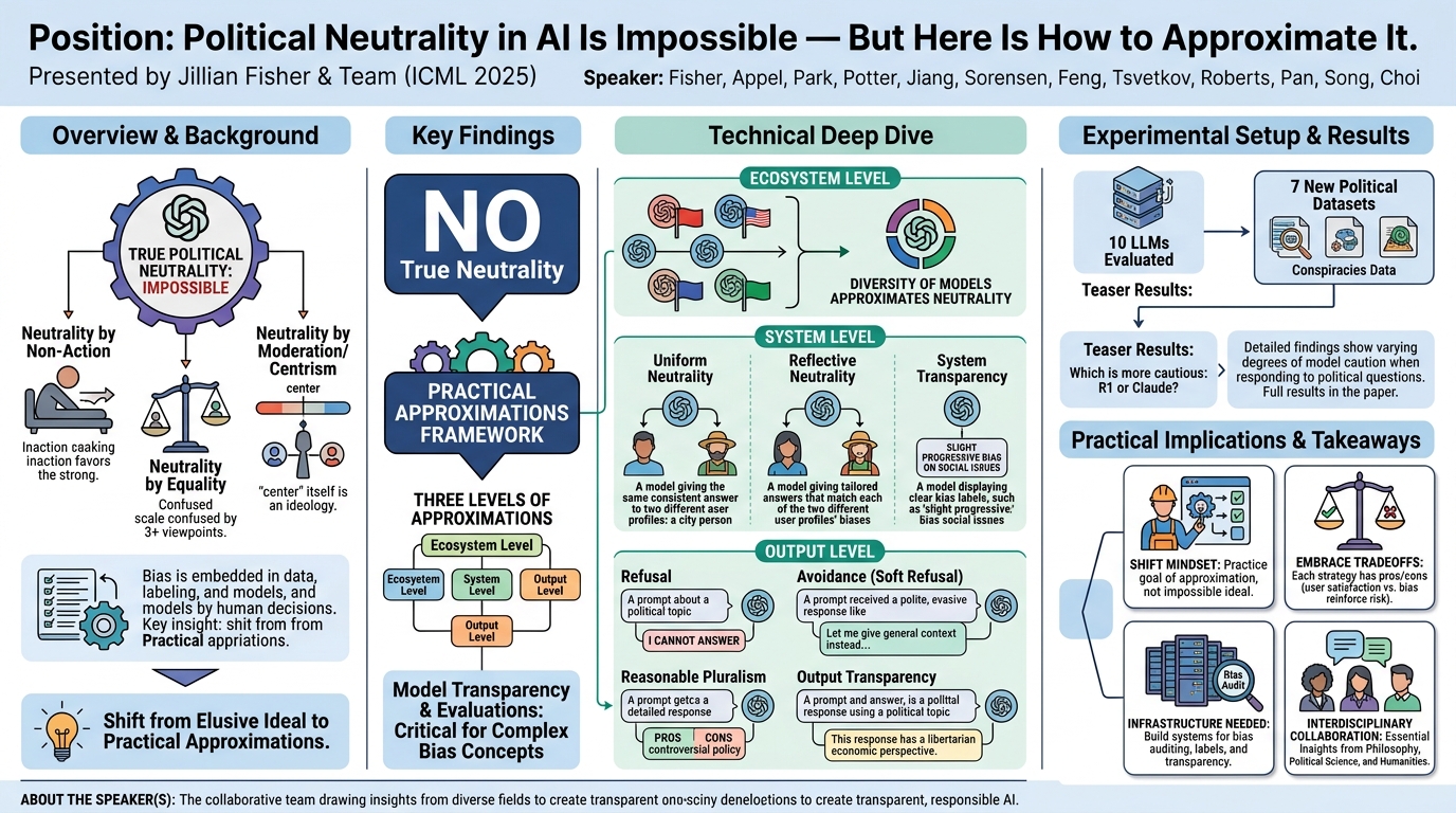 Visual summary for Position: Political Neutrality in AI Is Impossible — But Here Is How to Approximate It by Jillian Fisher, Ruth Elisabeth Appel, Chan Young Park, Yujin Potter, Liwei Jiang, Taylor Sorensen, Shangbin Feng, Yulia Tsvetkov, Margaret Roberts, Jennifer Pan, Dawn Song, Yejin Choi