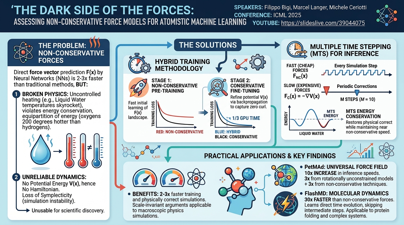 Visual summary for The dark side of the forces: assessing non-conservative force models for atomistic machine learning by Filippo Bigi, Marcel Langer, Michele Ceriotti