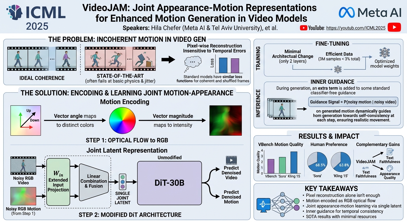 Visual summary for VideoJAM: Joint Appearance-Motion Representations for Enhanced Motion Generation in Video Models by Hila Chefer, Uriel Singer, Amit Zohar, Yuval Kirstain, Adam Polyak, Yaniv Taigman, Lior Wolf, Shelly Sheynin
