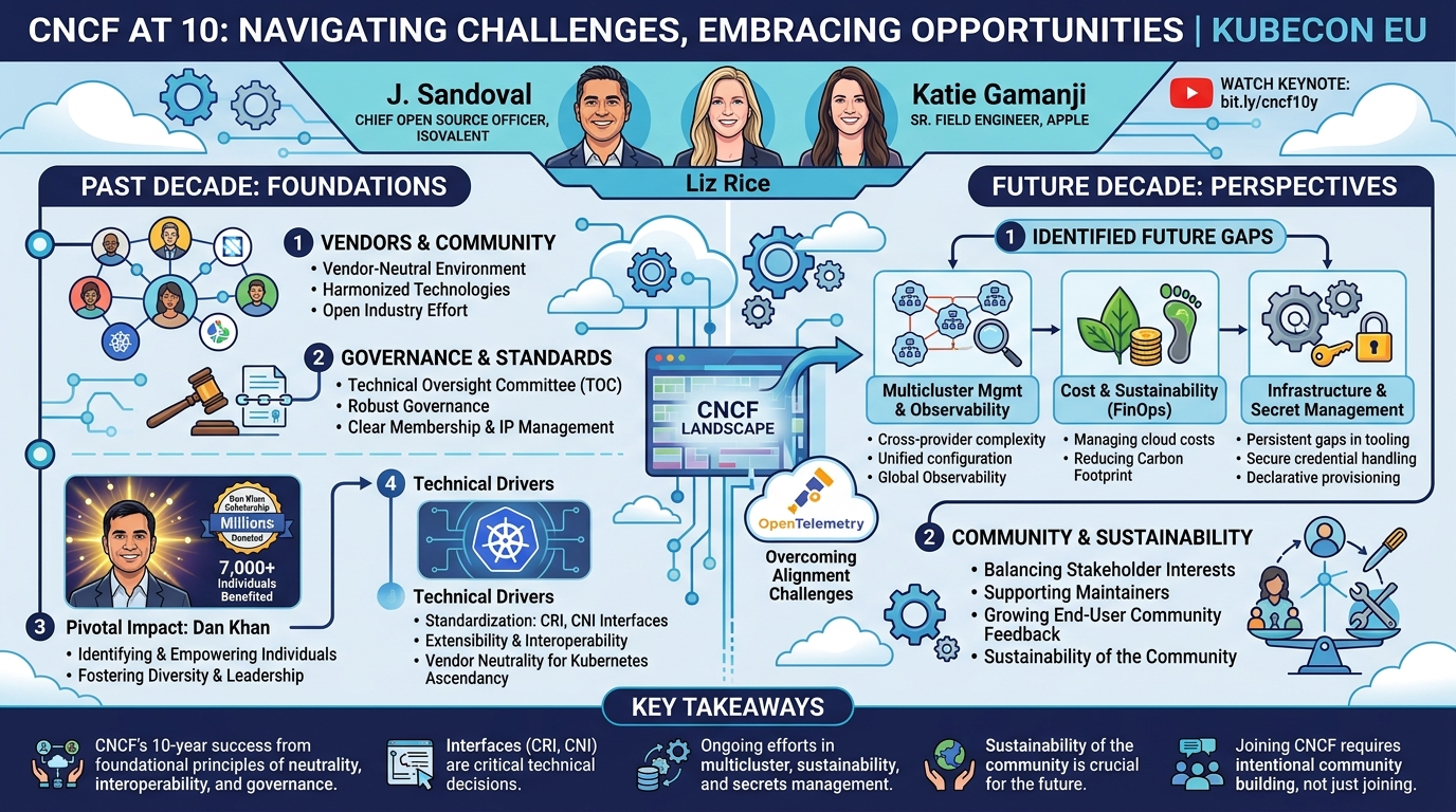 Visual summary for Keynote: CNCF at 10: Navigating Challenges, Embracing Opportunit... J. Sandoval, L. Rice, K. Gamanji by J. Sandoval, L. Rice, K. Gamanji