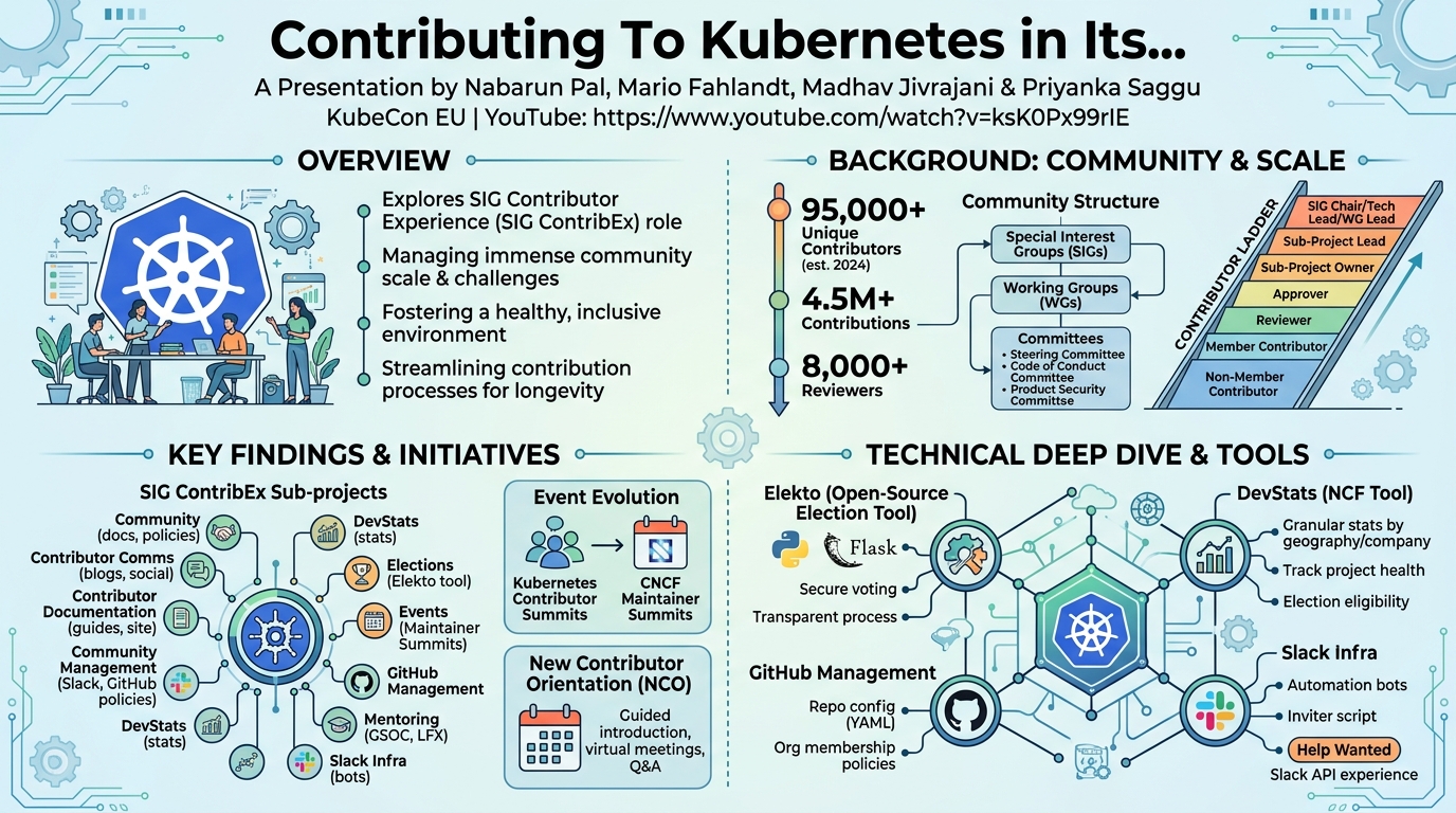 Visual summary for Contributing To Kubernetes in Its... Nabarun Pal, Mario Fahlandt, Madhav Jivrajani & Priyanka Saggu by Nabarun Pal, Mario Fahlandt, Madhav Jivrajani, Priyanka Saggu