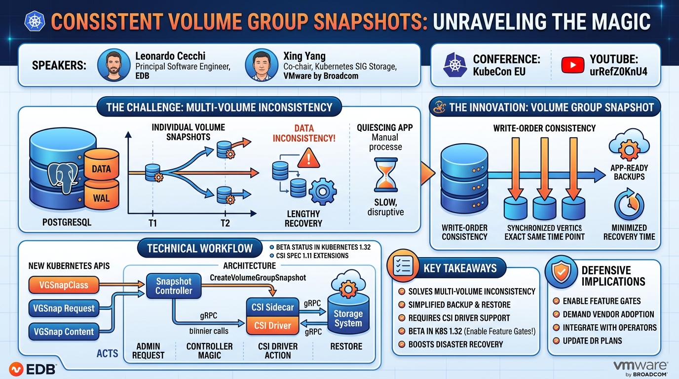 Visual summary for Consistent Volume Group Snapshots, Unraveling the Magic - Leonardo Cecchi, EDB & Xing Yang by Leonardo Cecchi, EDB, Xing Yang