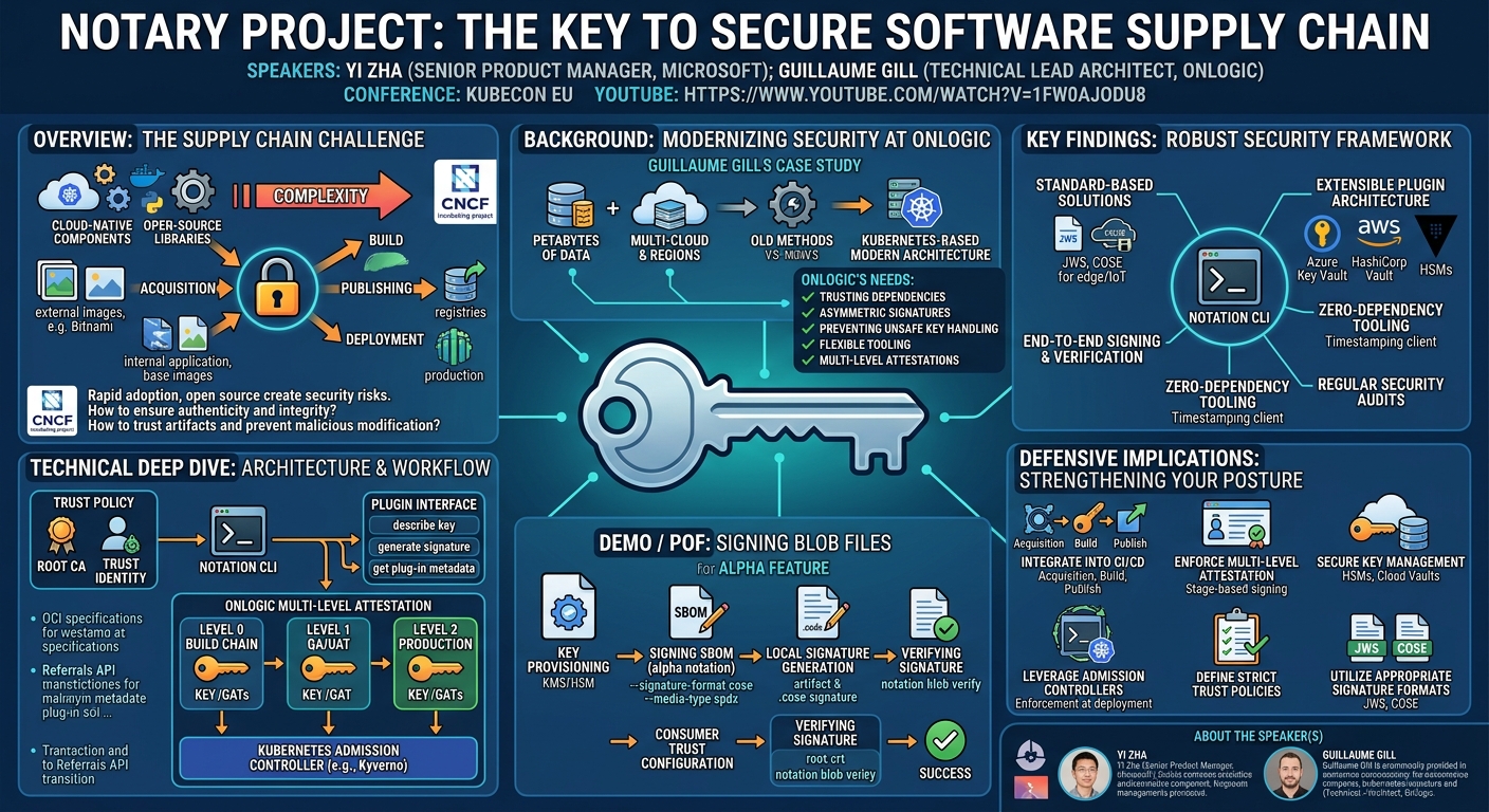 Visual summary for Notary Project: The Key To Secure Software Supply Chain - Yi Zha & Guillaume Gill by Yi Zha, Guillaume Gill