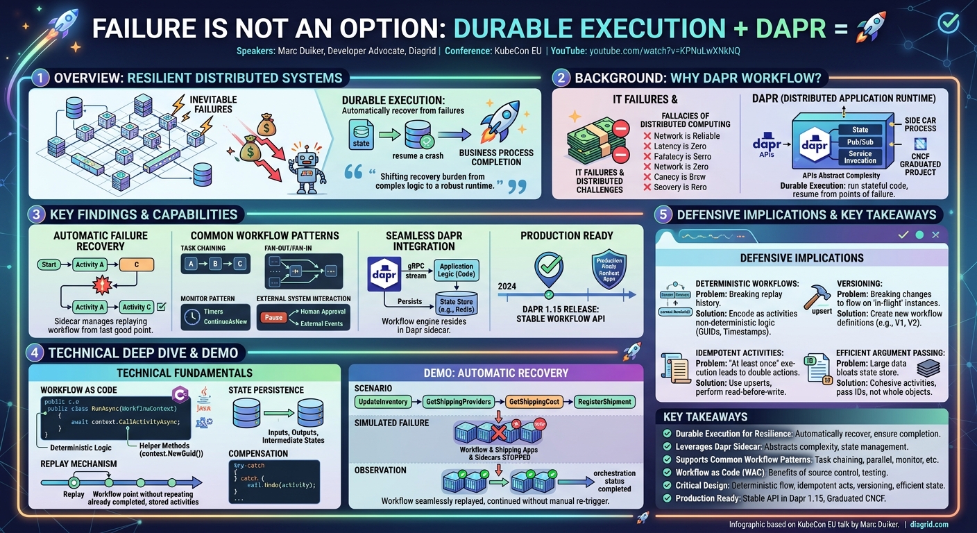 Visual summary for Failure Is Not an Option: Durable Execution + Dapr = 🚀 - Marc Duiker, Diagrid by Marc Duiker, Diagrid