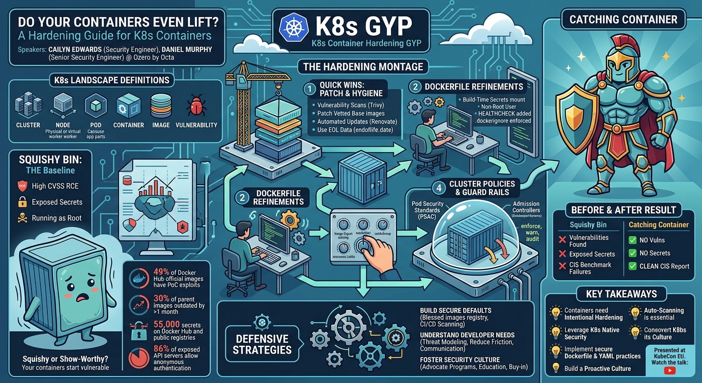 Visual summary for Do Your Containers Even Lift – A Hardening Guide for K8s Containers - Cailyn Edwards & Daniel Murphy by Cailyn Edwards, Daniel Murphy