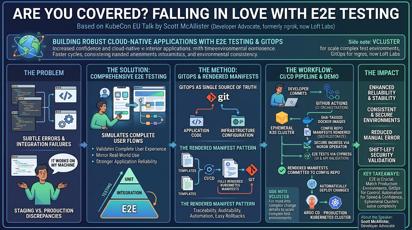 Visual summary for Are You Covered? Falling in Love With E2E Testing - Scott McAllister, ngrok by Scott McAllister, ngrok