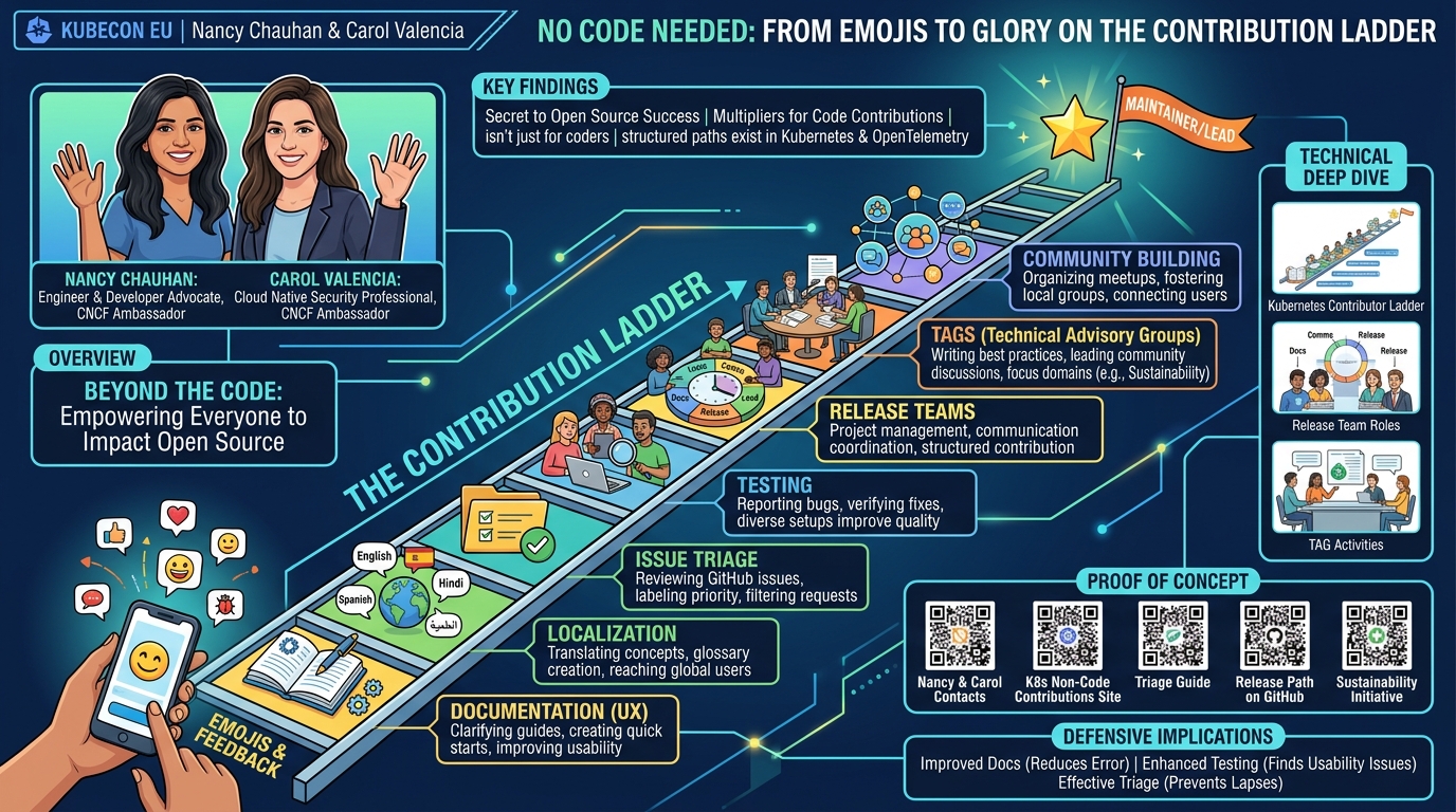 Visual summary for No Code Needed: From Emojis To Glory on the Contribution Ladder - Nancy Chauhan & Carol Valencia by Nancy Chauhan, Carol Valencia