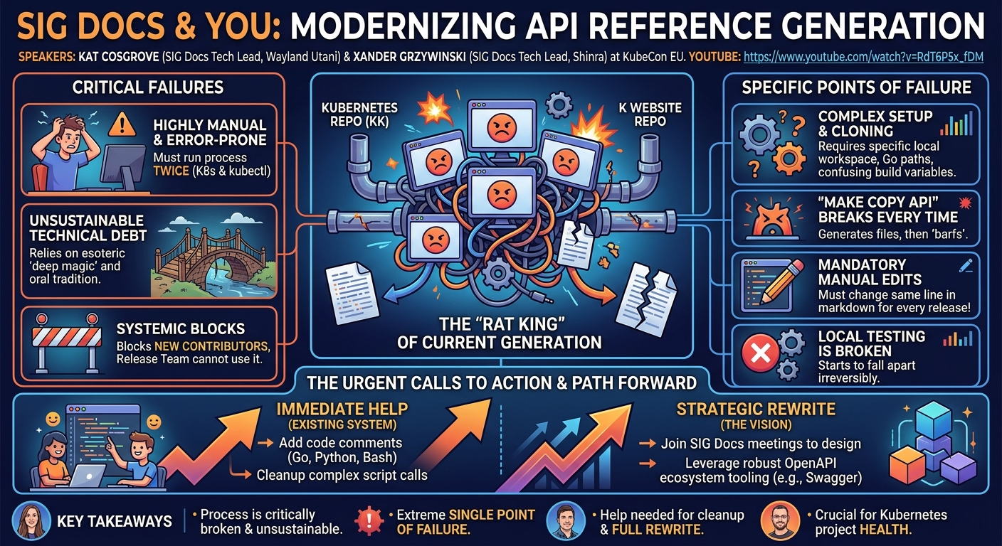 Visual summary for SIG Docs and You: Modernizing API Reference Generation - Kat Cosgrove & Xander Grzywinski by Kat Cosgrove, Xander Grzywinski