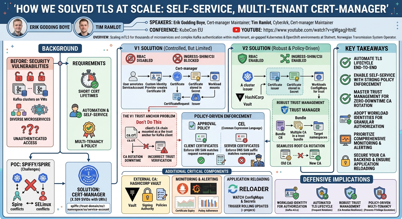 Visual summary for How We Solved TLS at Scale: Self-Service, Multi-Tenant Cert-manager - Erik Godding Boye & Tim Ramlot by Erik Godding Boye, Tim Ramlot