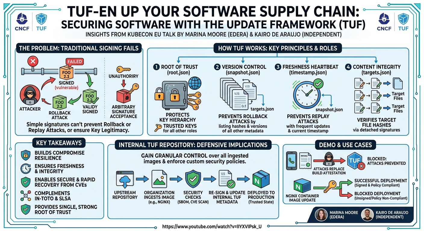 Visual summary for TUF-en up Your Software Supply Chain - Marina Moore, Edera & Kairo De Araujo, Independent by Marina Moore, Edera, Kairo De Araujo, Independent