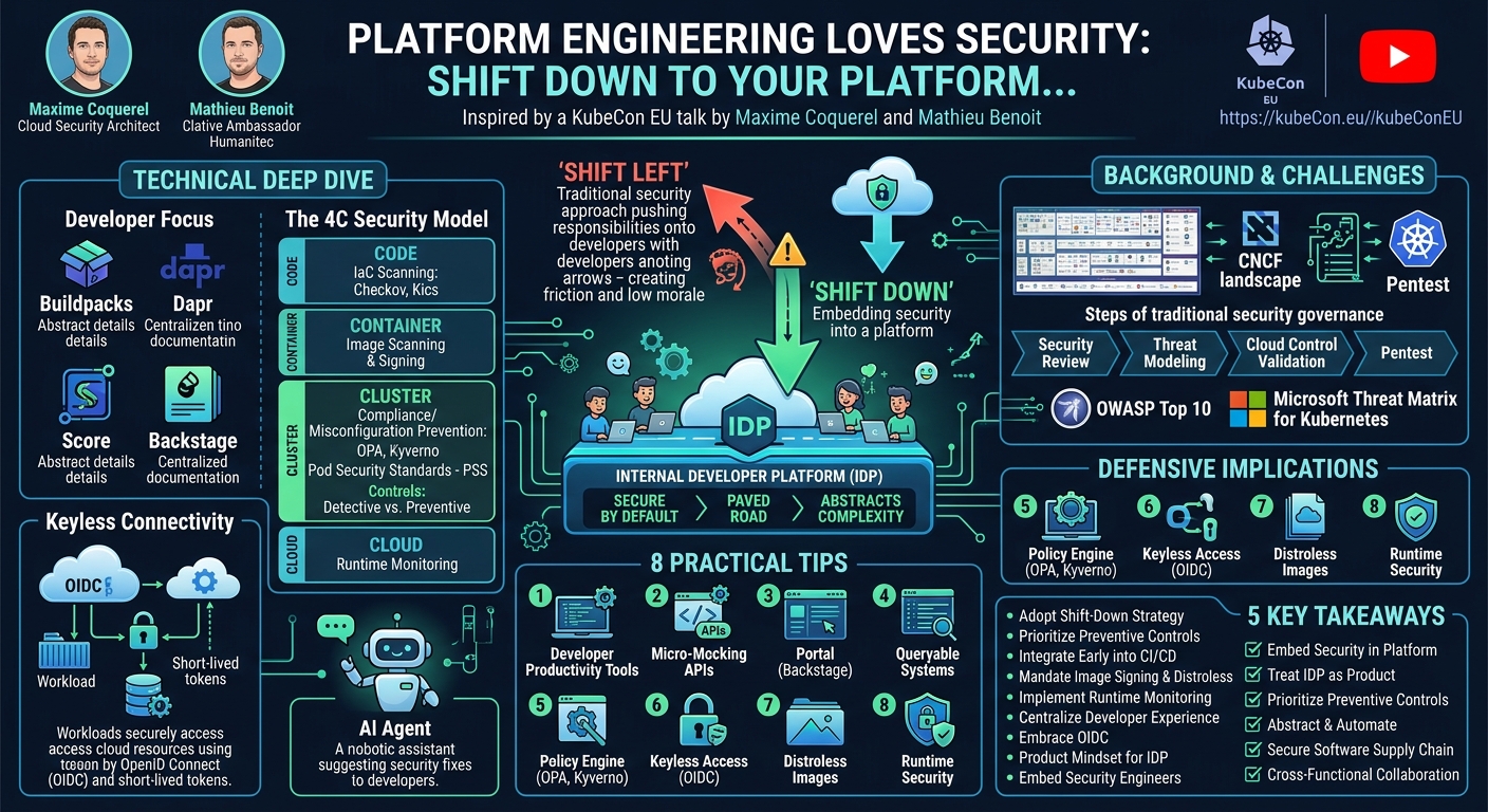 Visual summary for Platform Engineering Loves Security: Shift Down To Your Platform... Maxime Coquerel & Mathieu Benoit by Maxime Coquerel, Mathieu Benoit