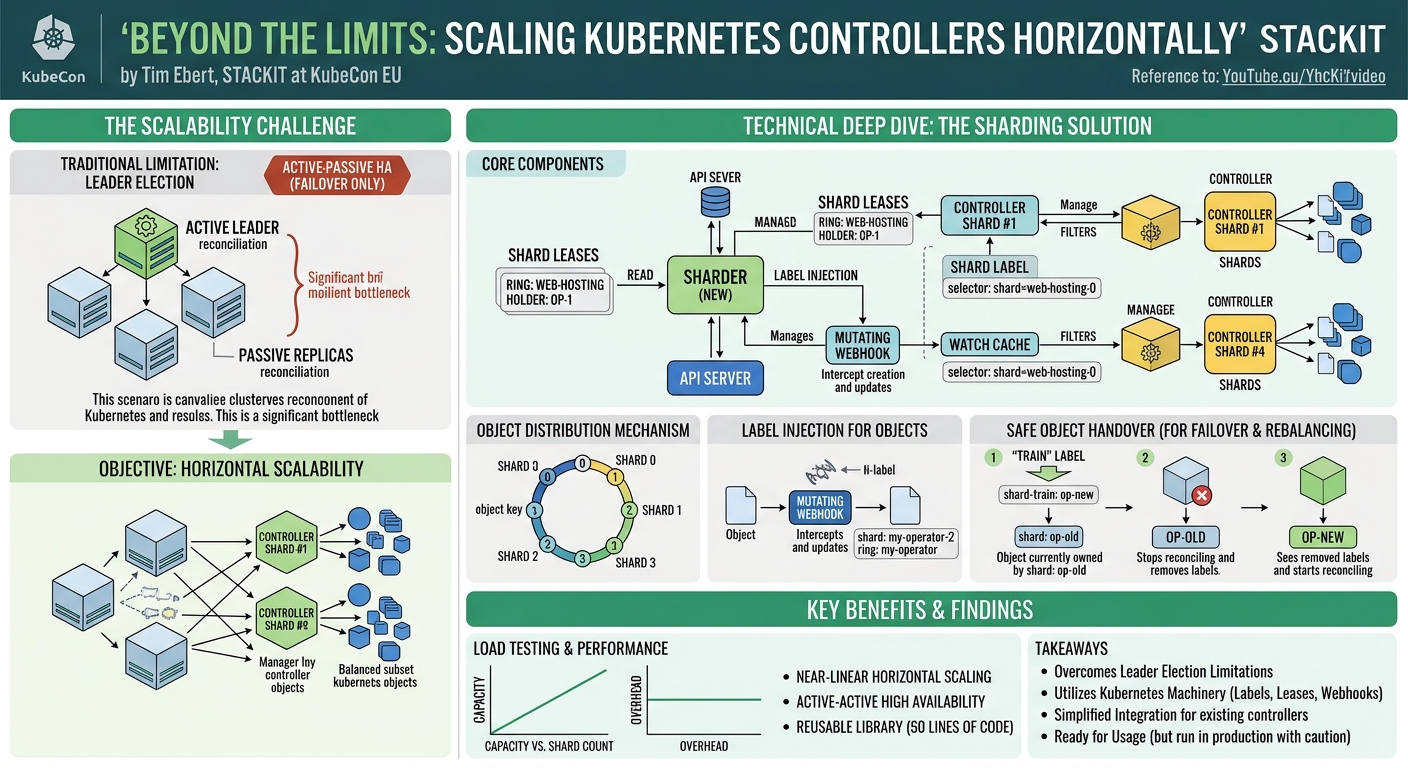 Visual summary for Beyond the Limits: Scaling Kubernetes Controllers Horizontally - Tim Ebert, STACKIT by Tim Ebert, STACKIT