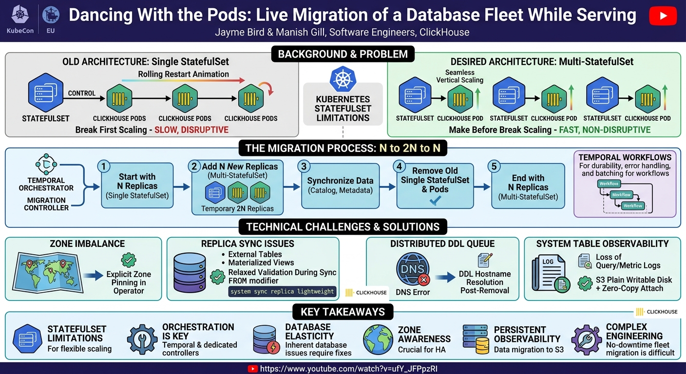 Visual summary for Dancing With the Pods: Live Migration of a Database Fleet While Serving... Jayme Bird & Manish Gill by Jayme Bird, Manish Gill
