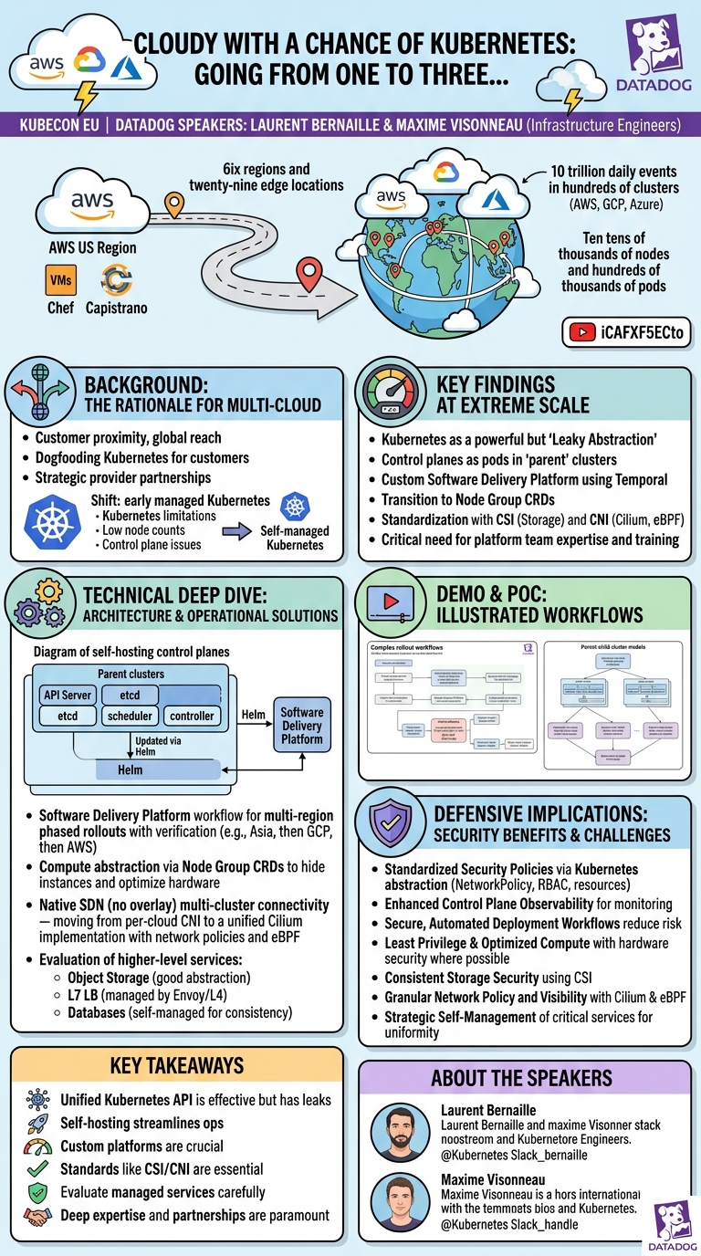 Visual summary for Cloudy With a Chance of Kubernetes: Going From One To Three... Laurent Bernaille & Maxime Visonneau by Laurent Bernaille, Maxime Visonneau