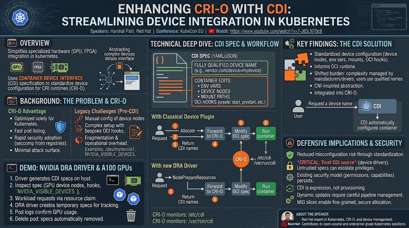 Visual summary for Enhancing CRI-O With CDI: Streamlining Device Integration in Kubernetes - Harshal Patil, Red Hat by Harshal Patil, Red Hat