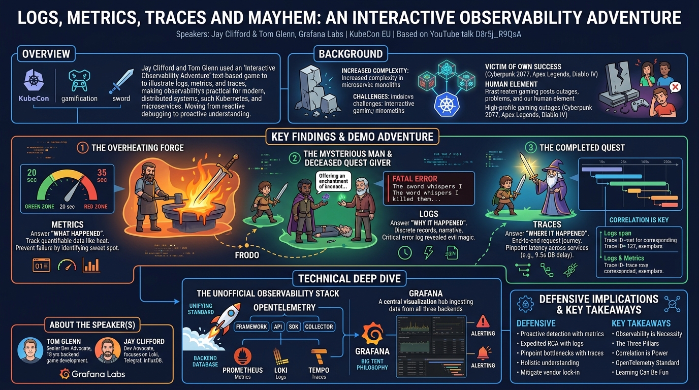 Visual summary for Logs, Metrics, Traces and Mayhem: An Interactive Observability Adventure... Jay Clifford & Tom Glenn by Jay Clifford, Tom Glenn
