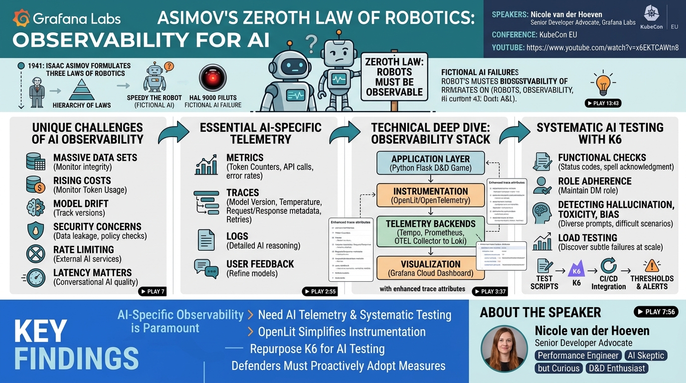 Visual summary for Asimov's Zeroth Law of Robotics: Observability for AI - Nicole van der Hoeven, Grafana Labs by Nicole van der Hoeven, Grafana Labs