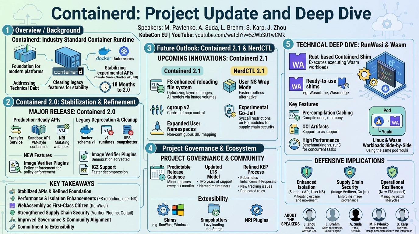 Visual summary for Containerd: Project Update and Deep Dive - M. Pavlenko, A. Suda, L. Brehm, S. Karp, J. Zhou by M. Pavlenko, A. Suda, L. Brehm, S. Karp, J. Zhou