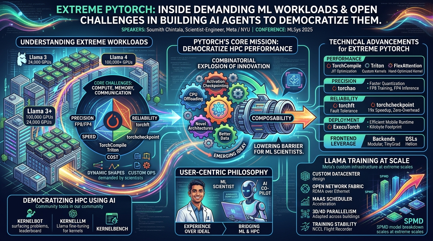 Visual summary for Extreme PyTorch: Inside the Most Demanding ML Workloads—and the Open Challenges in Building AI Agents to Democratize Them by Soumith Chintala