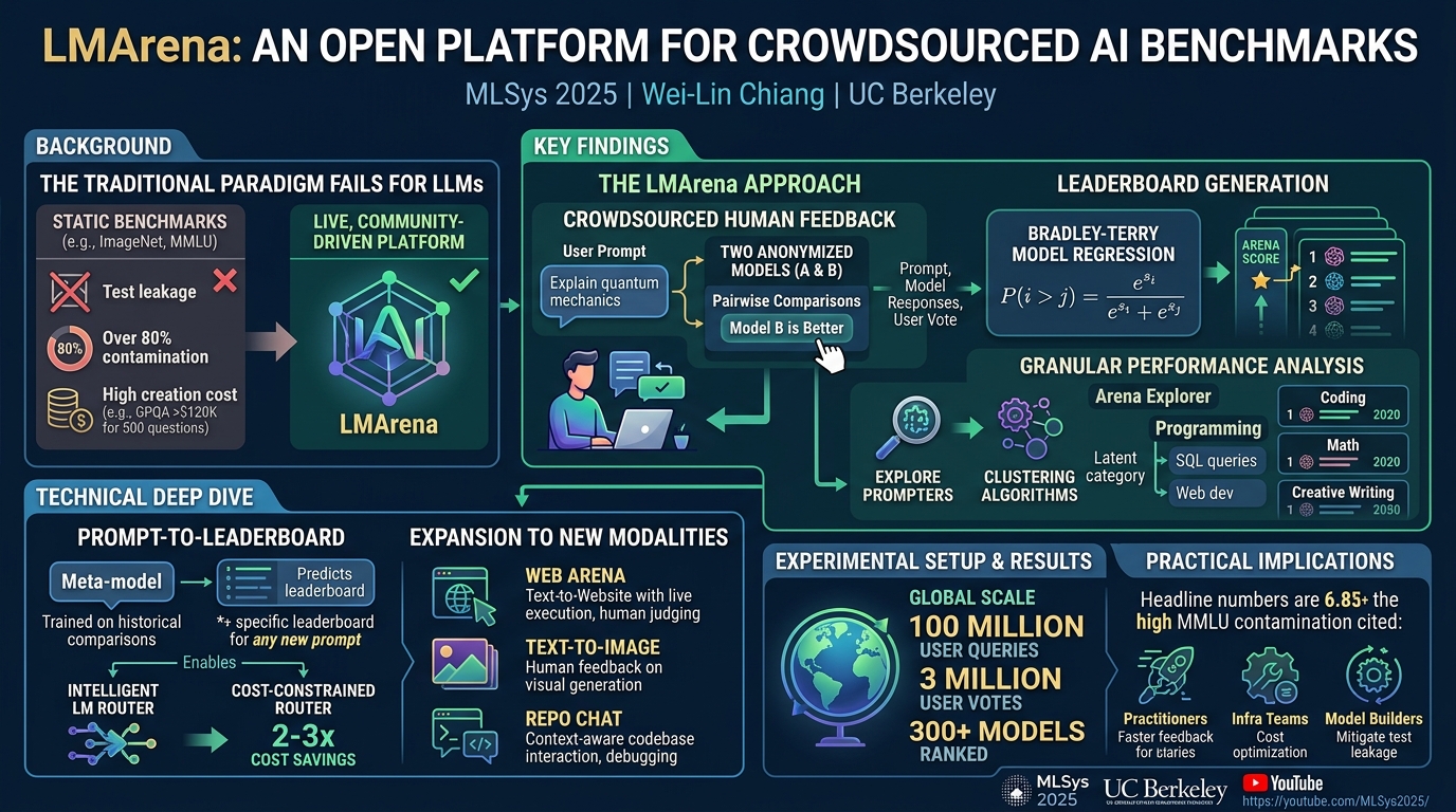 Visual summary for LMArena: An Open Platform for Crowdsourced AI Benchmarks by Wei-Lin Chiang