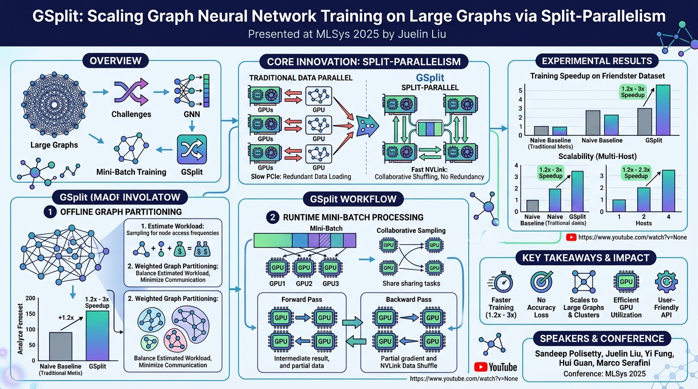 Visual summary for GSplit: Scaling Graph Neural Network Training on Large Graphs via Split-Parallelism by Sandeep Polisetty, Juelin Liu, Yi Fung, Hui Guan, Marco Serafini