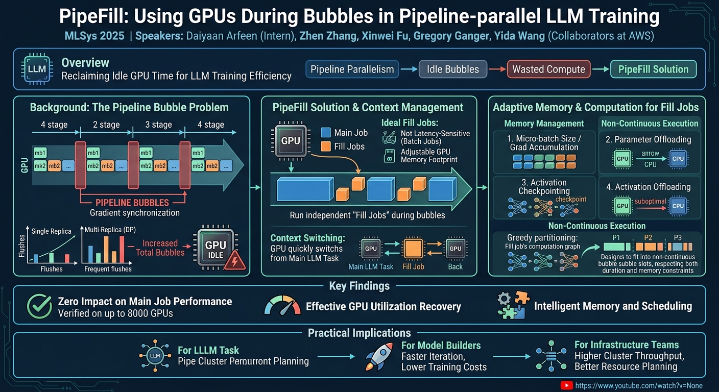 Visual summary for PipeFill: Using GPUs During Bubbles in Pipeline-parallel LLM Training by Daiyaan Arfeen, Zhen Zhang, Xinwei Fu, Gregory Ganger, Yida Wang