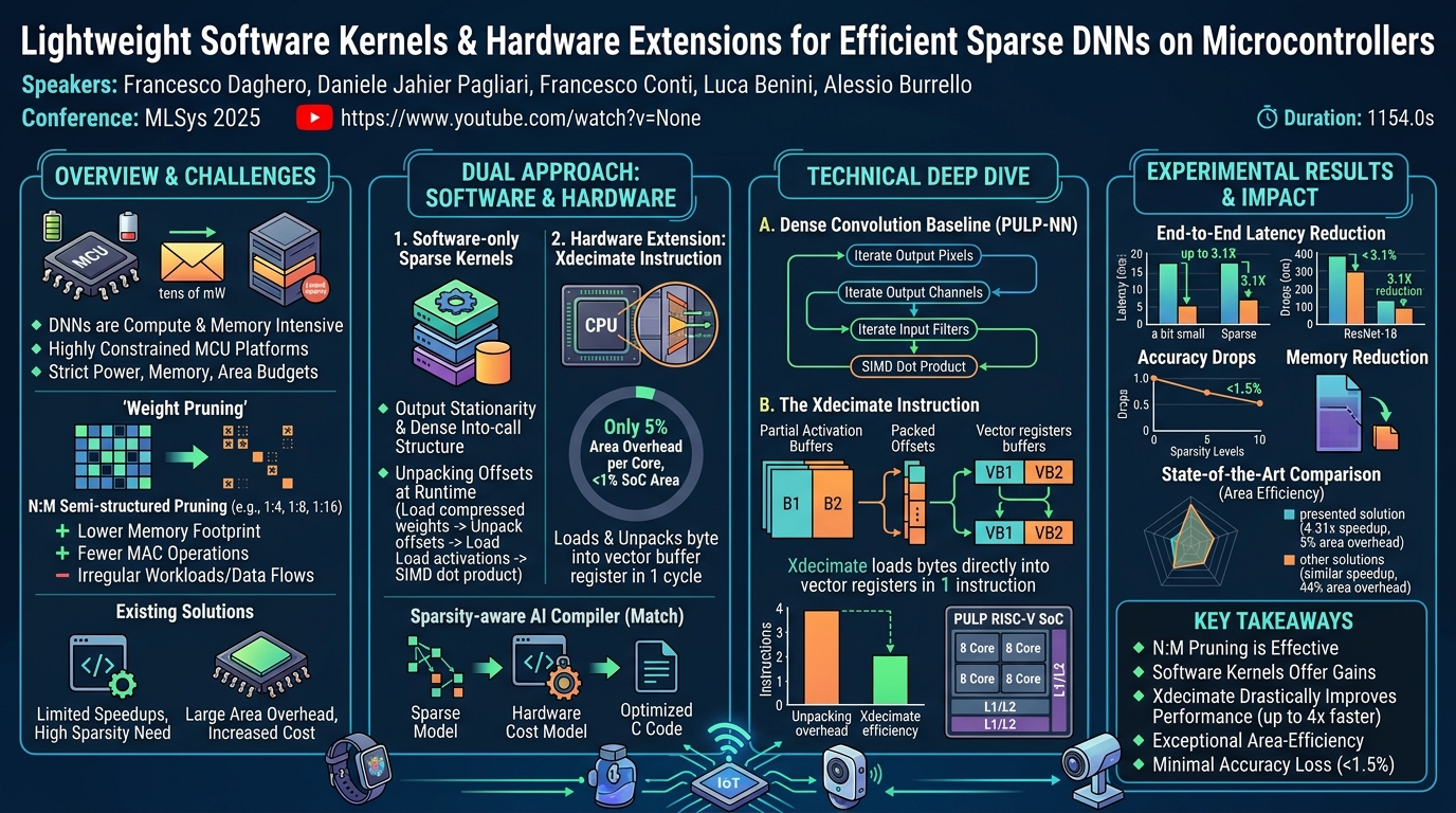 Visual summary for Lightweight Software Kernels and Hardware Extensions for Efficient Sparse Deep Neural Networks on Microcontrollers by Francesco Daghero, Daniele Jahier Pagliari, Francesco Conti, Luca Benini, Alessio Burrello