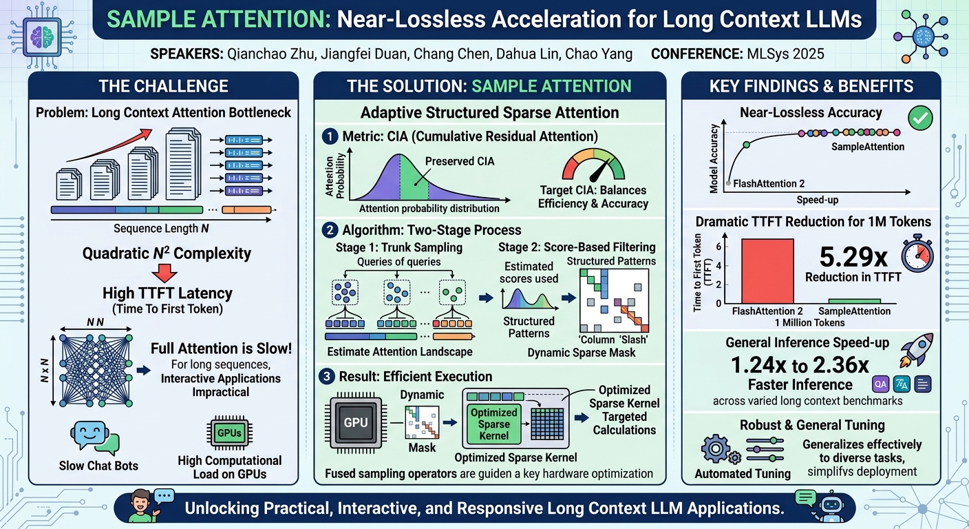 Visual summary for SampleAttention: Near-Lossless Acceleration of Long Context LLM Inference with Adaptive Structured Sparse Attention by Qianchao Zhu, Jiangfei Duan, Chang Chen, Dahua Lin, Chao Yang