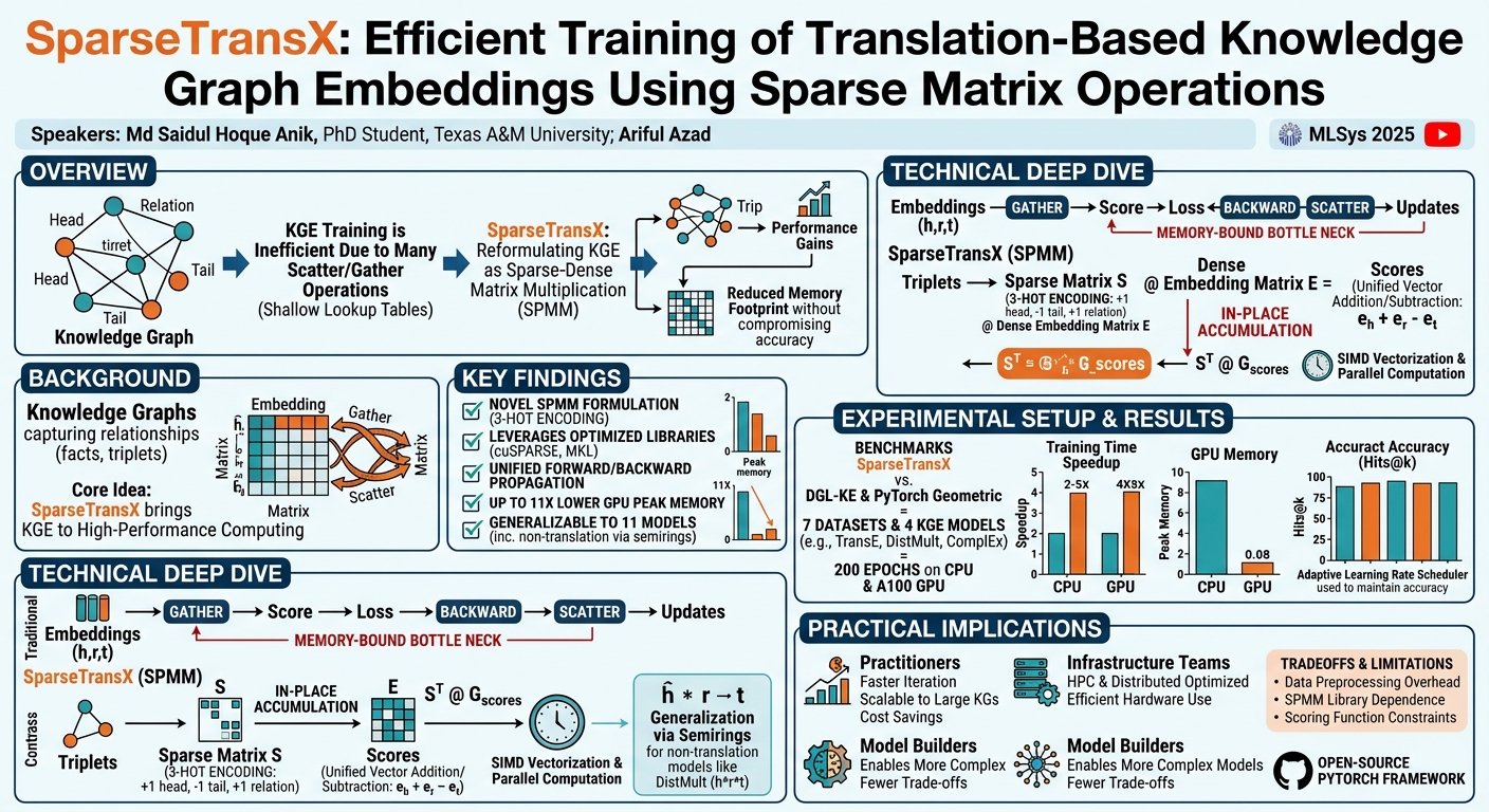 Visual summary for SparseTransX: Efficient Training of Translation-Based Knowledge Graph Embeddings Using Sparse Matrix Operations by Md Saidul Hoque Anik, Ariful Azad