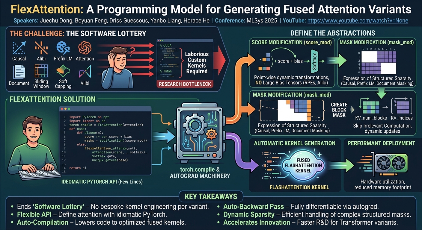 Visual summary for FlexAttention: A Programming Model for Generating Fused Attention Variants by Juechu Dong, Boyuan Feng, Driss Guessous, Yanbo Liang, Horace He