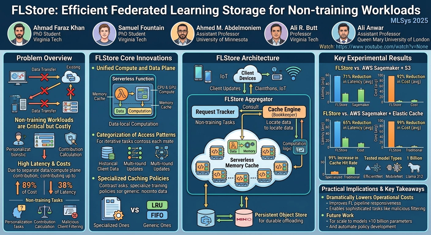 Visual summary for FLStore: Efficient Federated Learning Storage for Non-training Workloads by Ahmad Faraz Khan, Samuel Fountain, Ahmed M. Abdelmoniem, Ali R. Butt, Ali Anwar