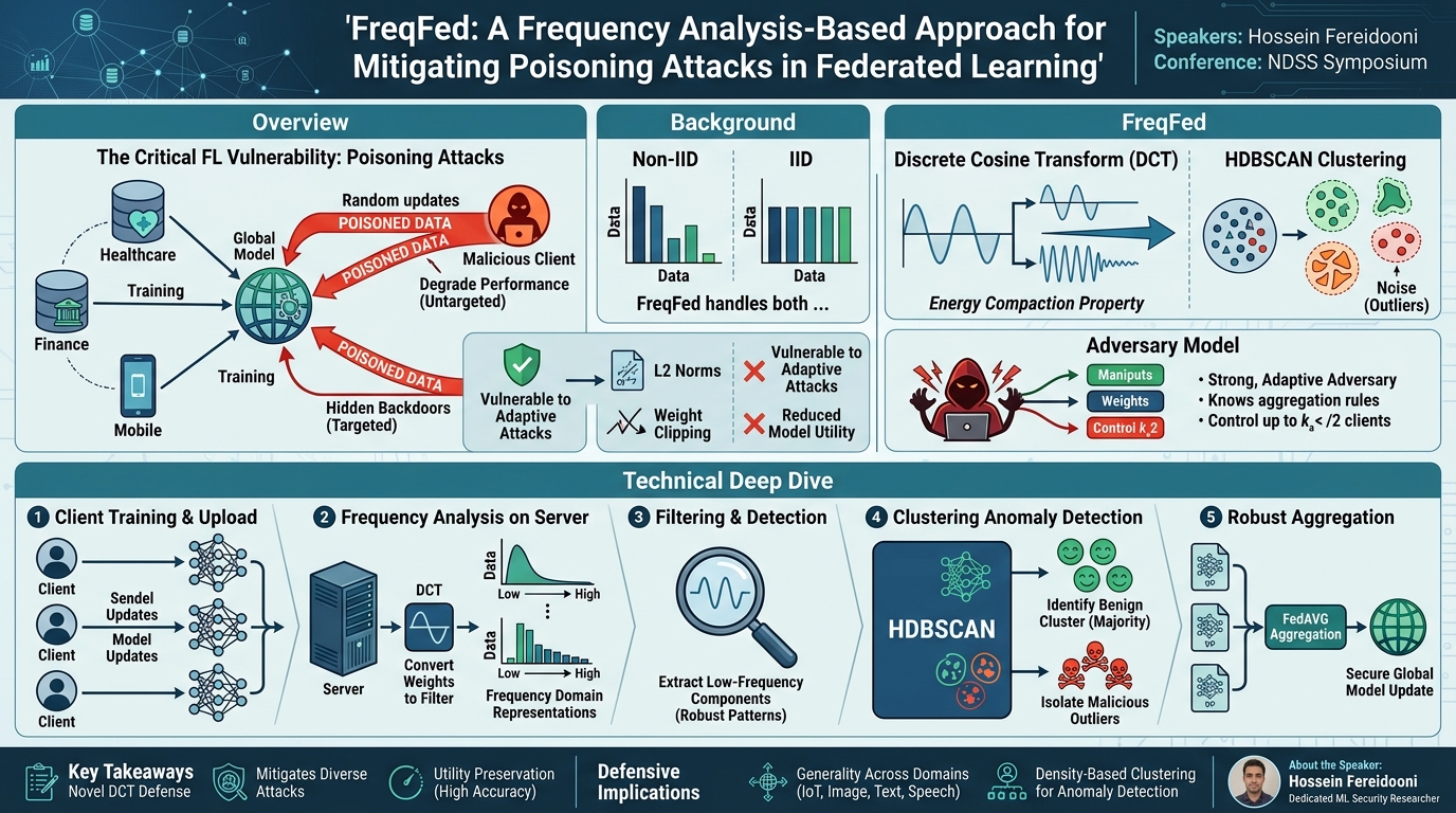 Visual summary for FreqFed: A Frequency Analysis-Based Approach for Mitigating Poisoning Attacks in Federated Learning by Hossein Fereidooni