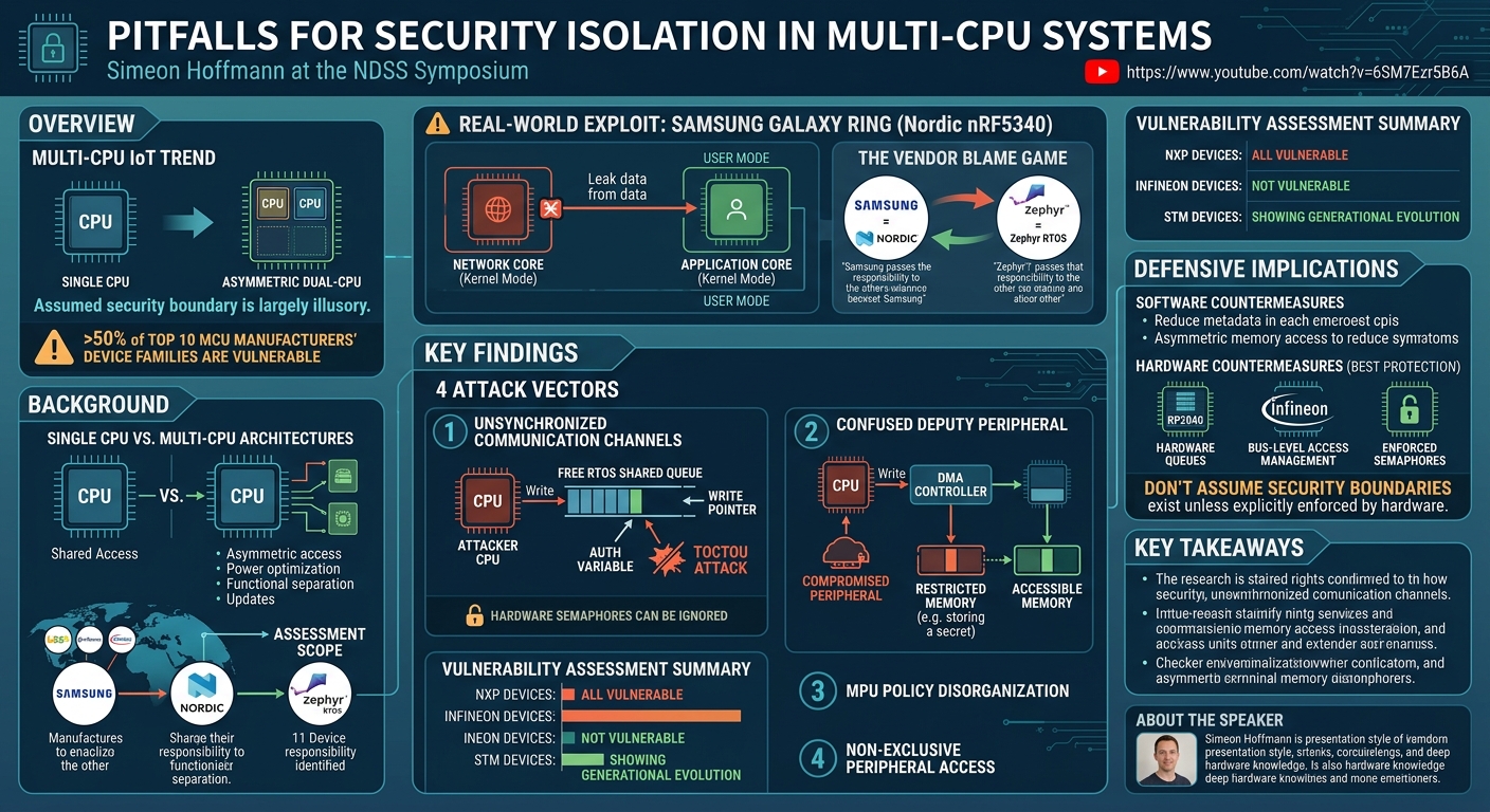 Visual summary for Pitfalls for Security Isolation in Multi-CPU Systems by Simeon Hoffmann