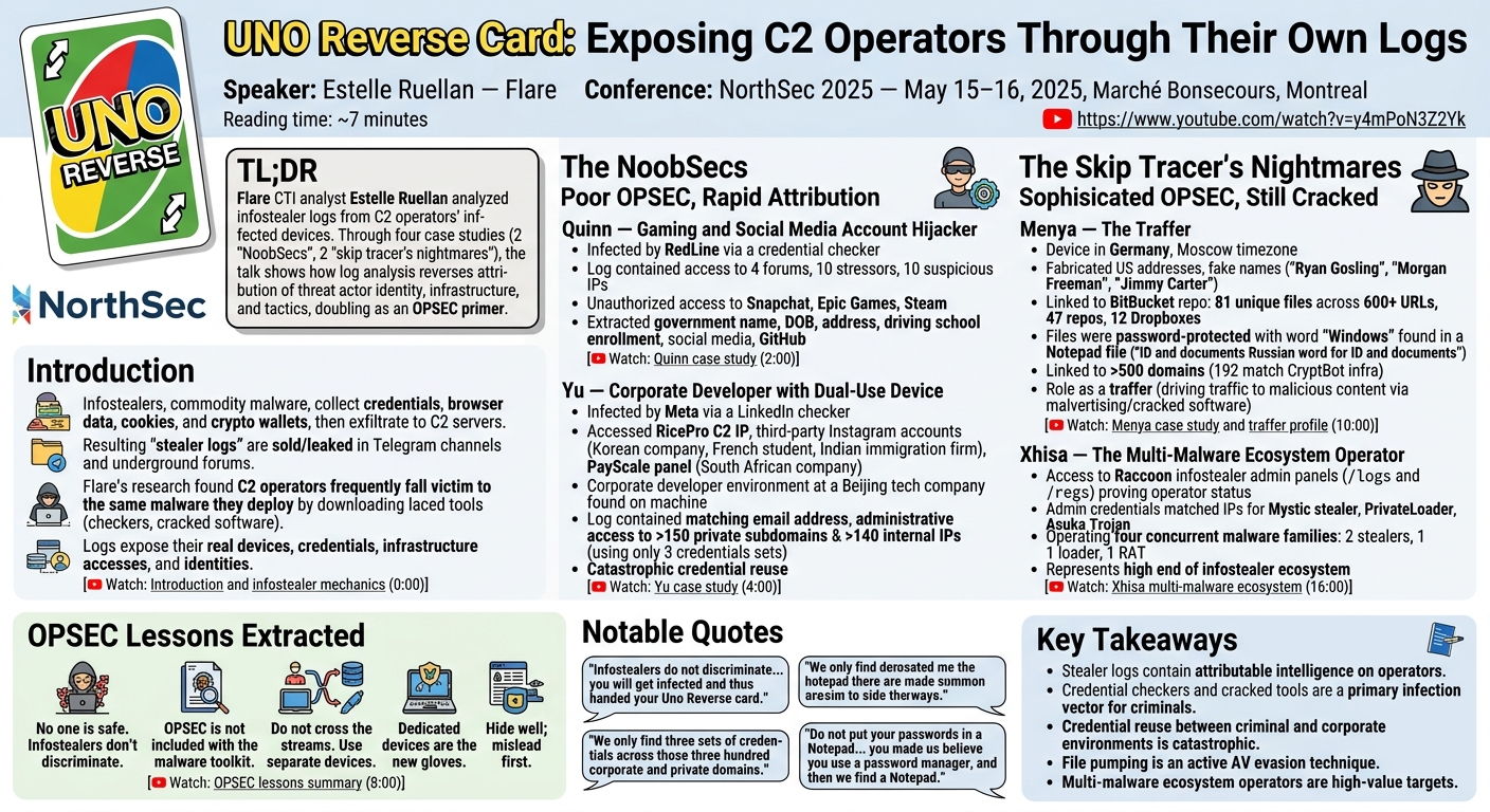 Visual summary for UNO Reverse Card: Exposing C2 Operators Through Their Own Logs by Estelle Ruellan