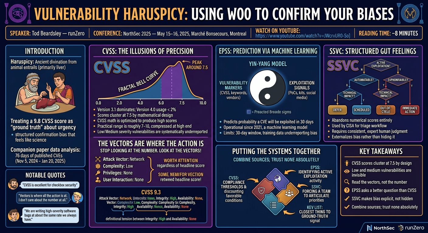 Visual summary for Vulnerability Haruspicy: Using Woo To Confirm Your Biases by Tod Beardsley