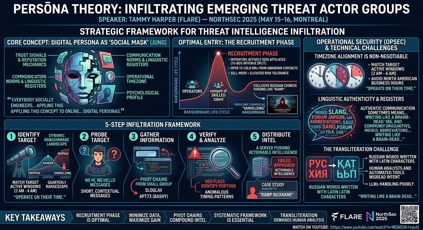 Visual summary for Persōna Theory: Infiltration and Deception of Emerging Threat Groups by Tammy Harper