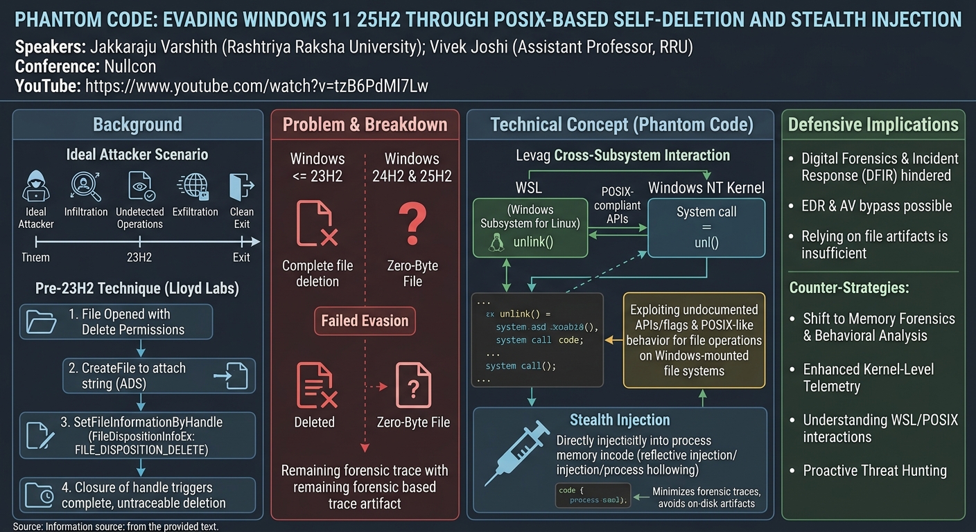 Visual summary for Phantom Code: Evading Windows 11 25H2 Through POSIX-Based Self-Deletion and Stealth Injection by Jakkaraju Varshith, Vivek Joshi
