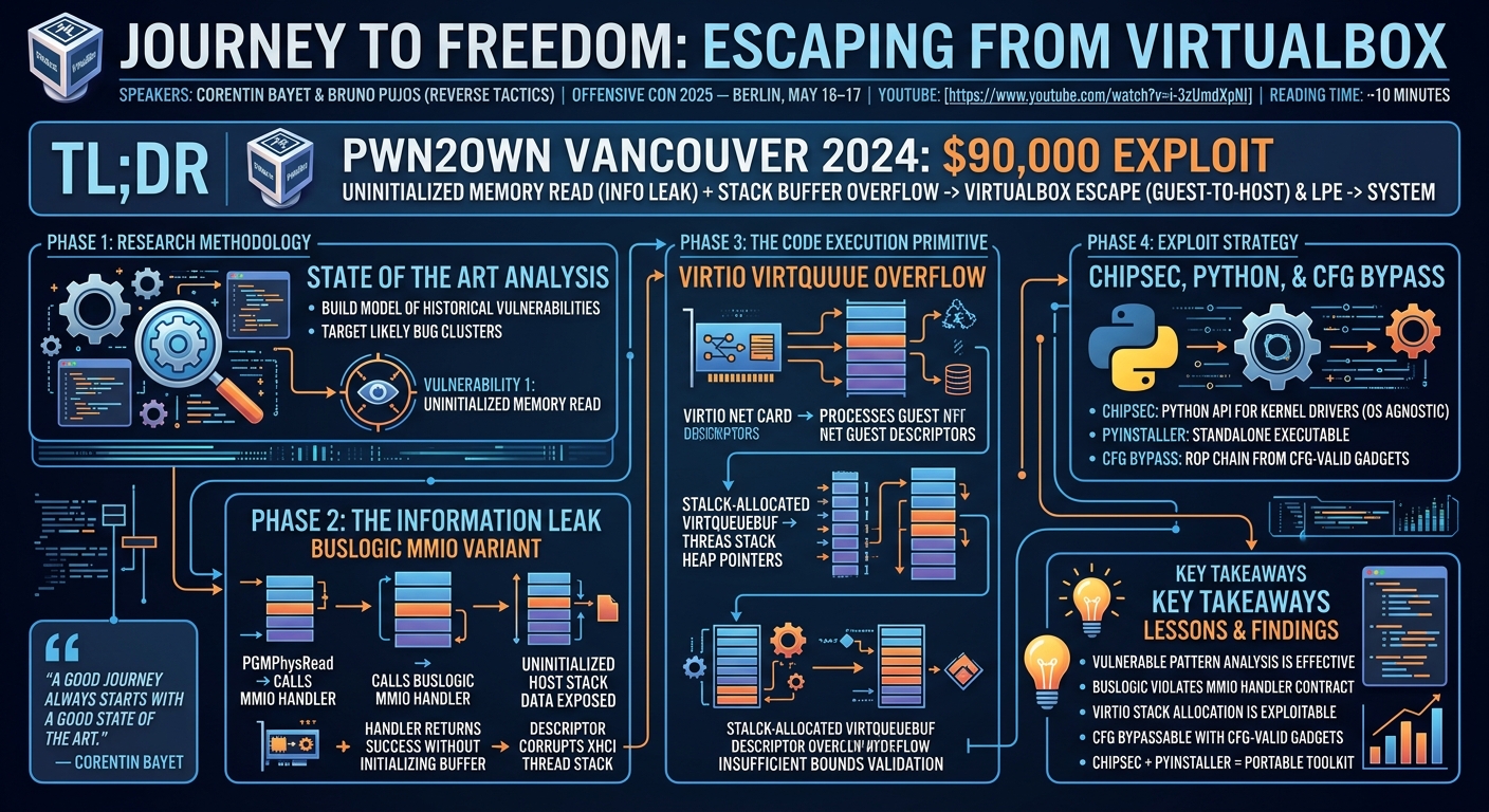 Visual summary for Journey to Freedom: Escaping from VirtualBox by Corentin Bayet, Bruno Pujos
